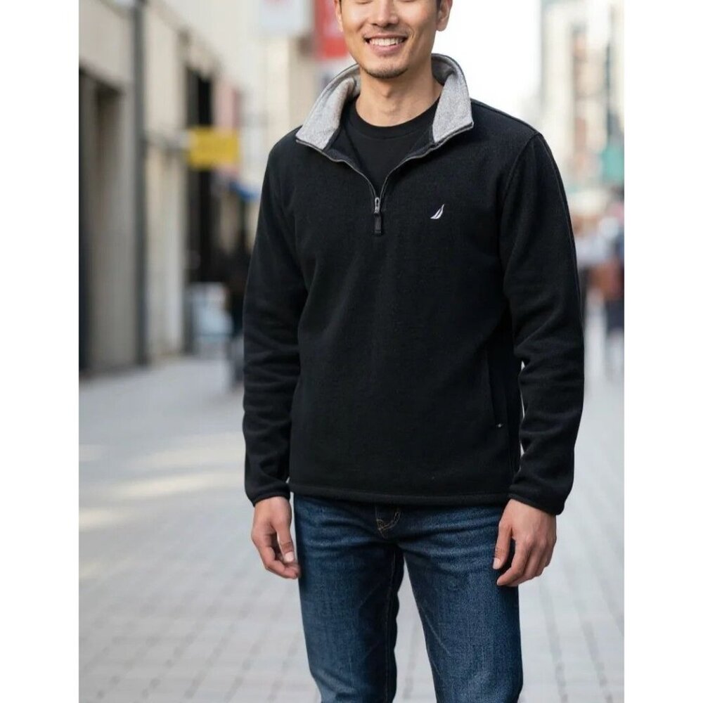 Nautica M Black & Gray Fleece 1/4 Zip Pullover Sweater For Men